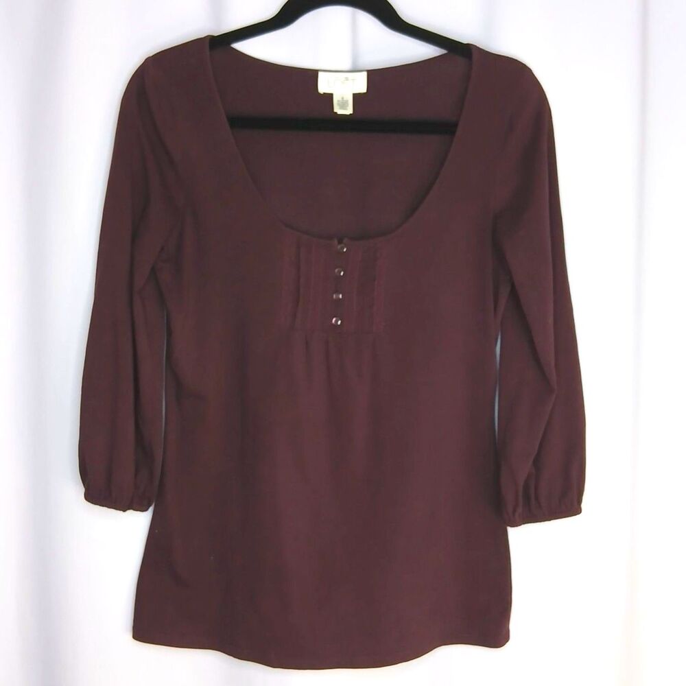Ann Taylor LOFT Round Neck 3/4 Sleeve Top Relaxed Blouse Burgundy Womens Small